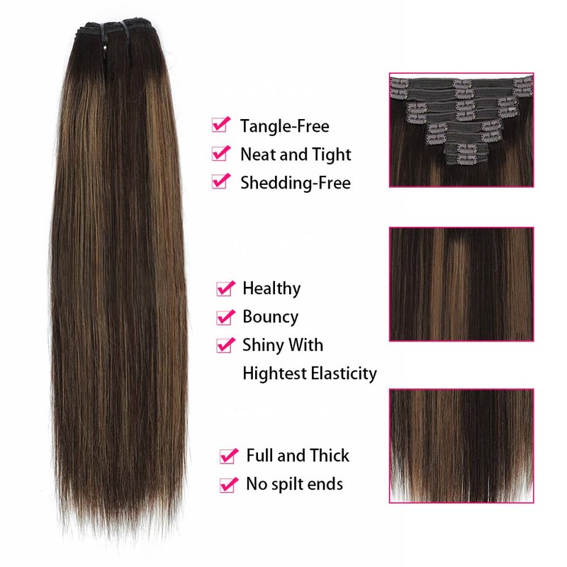 Balayage Clip in Hair Extensions Real Human Hair Straight Highlight Human Hair Clip ins for Women, Natural Soft Remy Human Hair, 8Pcs 120g, 16inch #2/6/2 Balayage Dark Brown to Chestnut Brown