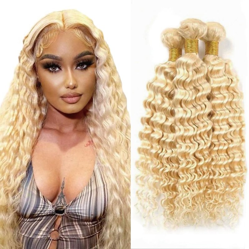 Freiuoke 613 Bundles Human Hair Blonde Deep Wave Bundle 613 Loose Deep Wave Bundle Human Hair Unprocessed Virgin Hair 3 Bundles 14 16 18 Inch