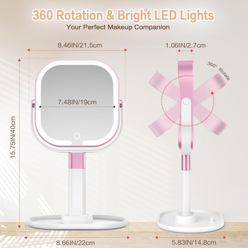 Rosivyphan Makeup Mirror with Lights, 1X/10X Magnifying Vanity Mirror with 3 Colors, 2000mAh Rechargeable Double Sided Magnifying Mirror, Height Brightness Adjustable, 360° Rotation Vanity