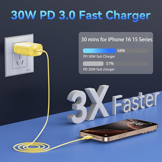 Phone 17 16 15 Charger Fast Charging,30W USB C Phone 17 16 15 Pro Max Charger Block &10FT Long Type C Cable Cord for i.Phone 17/Air/17 Pro/17 Pro Max/16/16 Plus/16 Pro/16 Pro Max/15/15 Pro Max,Yellow