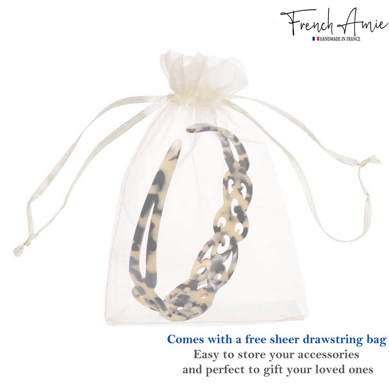 French Amie Filigree Wide 1" Celluloid Acetate Handmade Head bands Fashion Flexible Non Slip Durable Styling Women Hair Accessories, Made in France (White Tokyo)