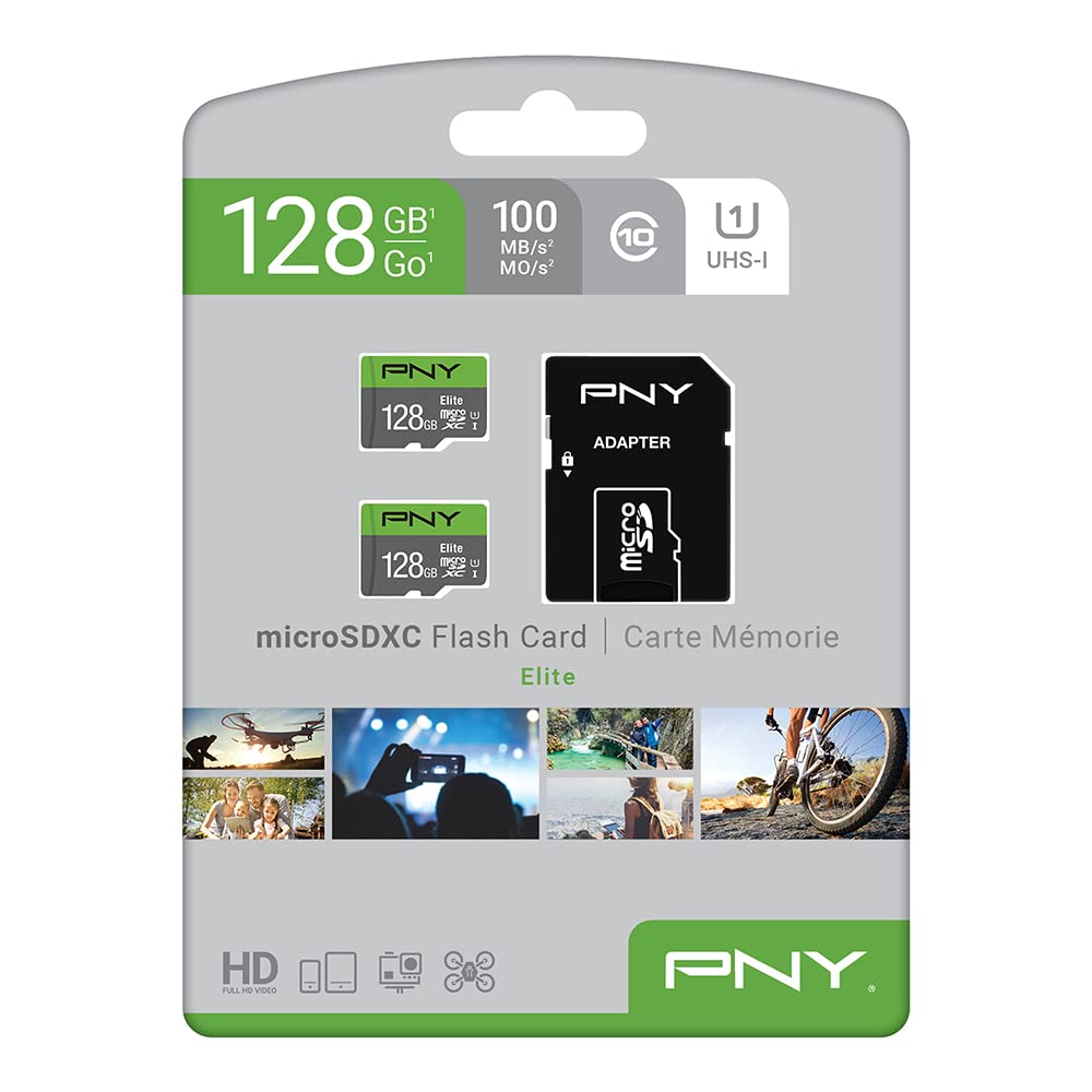 PNY 128GB Elite Class 10 U1 microSDXC Flash Memory Card - 100MB/s, Class 10, U1, Full HD, UHS-I, Micro SD (Pack of 2)