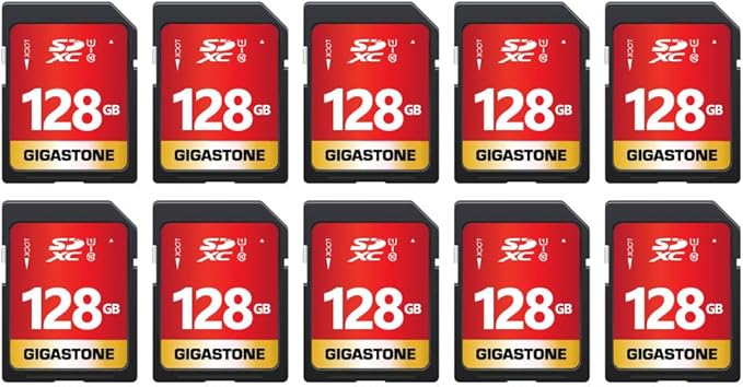 GIGASTONE 128GB SD Card 10-Pack UHS-I U1 Class 10 SDXC Memory Card Full HD Video for Digital Camera, Full-Sized SD Card, with 10 mini Cases
