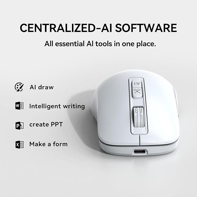 MIMOUSE EM4AI White AI Mouse with Voice Typing, Ergonomic Wireless Mouse for PC/Laptop, 3 Devices Bluetooth Computer Mice for Lecture & Meeting, Windows Mac OS Compatible Portable Mouse Gadgets Gift