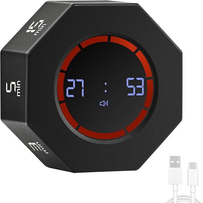 Kaflin Small Rechargeable Pomodoro Timer, Gravity Sensor Auto-Rotating 7 Preset Times (1/3/5/15/30/60/90 min) & Count Up Mode, Digital Kitchen Timers for Cooking, Work and Study (Space Gray)