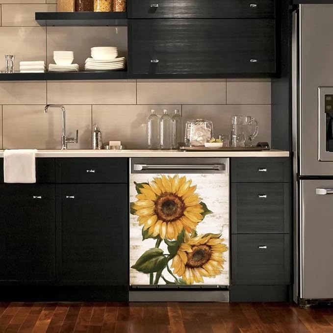 Retro Sunflower Kitchen Sticker Decor Dishwasher Cover, You are My Sunshine Dish Washer Door Panel Decal, Refrigerator Decal Decor, Ordinary 23"x26"INCH