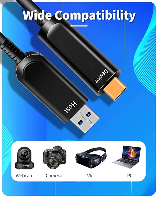 DWLCWY Fiber Optic USB A to USB C Cable 33ft, 10Gbps Active Optical Long-Distance USB-C Extension with SiliconLine Chip, EMI-Free for 4K Video Conferencing Rooms, Industrial Equipment,Data Center