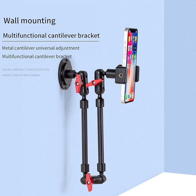 Wall Mounted Phone Holder Magic Arm 360° Rotation Adjustable Metal Base Screw in Wall Sturdy for Kitchen Bedroom Home 32 Inch ABS Phone Clip