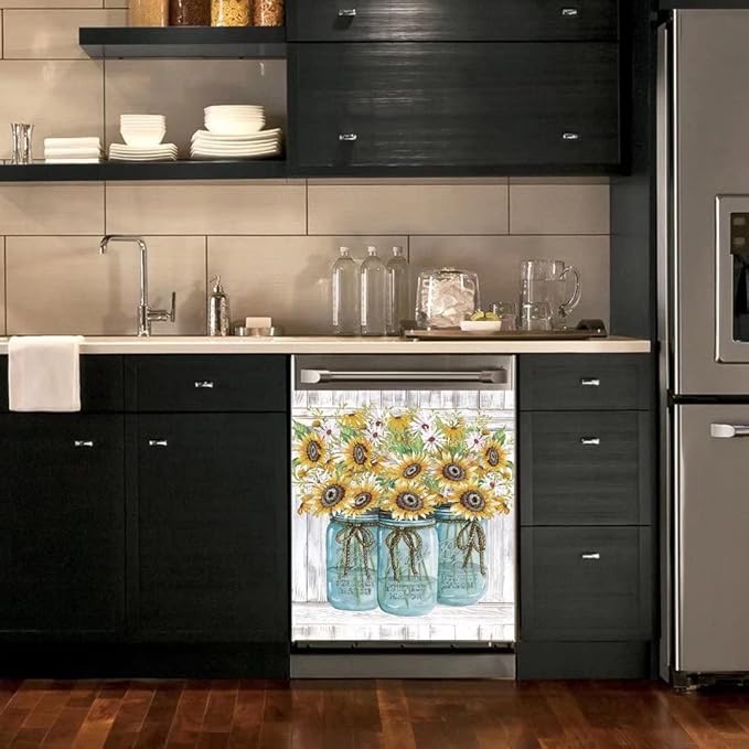 Farm Sunflower Dishwasher Cover Sticker, Vase Sunflowers Fridge Decal Panel, Farm Style Vinyl Home Appliance Cover, Ordinary 23"x26"INCH