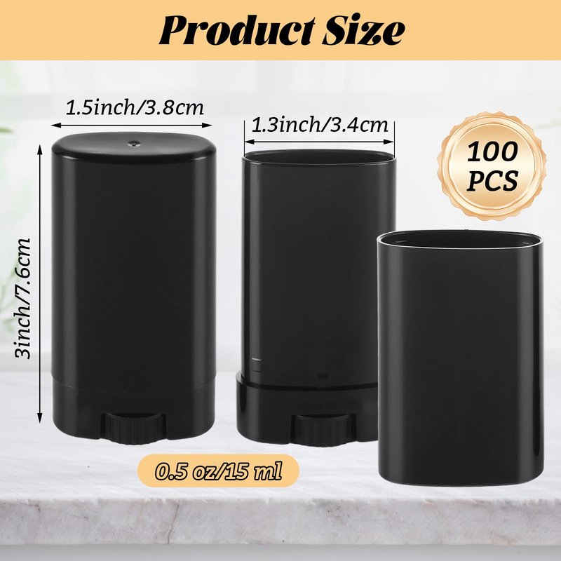 LOPYXBR 100 PCS 0.5 Oz/15 Ml Empty Deodorant Containers Black Oval Twist-Up Filling Stick 15 Ml Refillable Deodorant Tubes Empty Black Lotion Bar Sticks for Homemade Deodorant, DIY Lip Balm