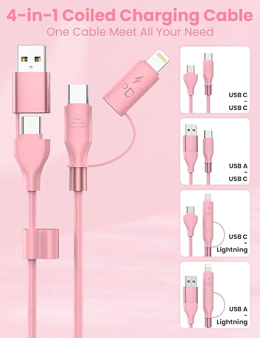 Pink Coiled Car Charging Cable 2-in-1 (USB-C & Lightning), 3FT Cute Car Accessories for iPhone 17/16/15, Samsung Galaxy — Supports Apple CarPlay & Android Auto
