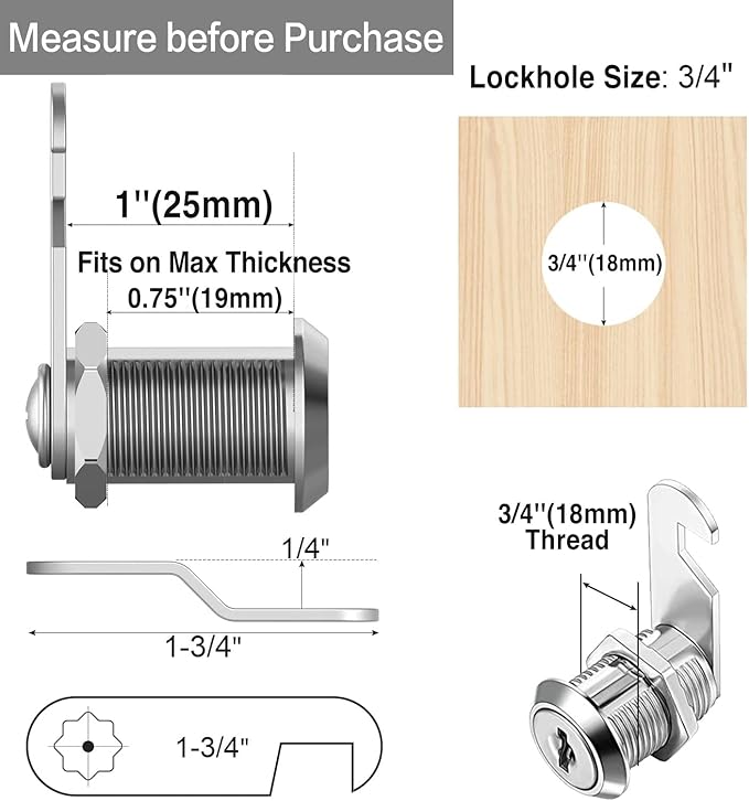 Sartatue Cam Locks Keyed Alike, 1'' Cabinet Lock Fits on 3/4'' Max Door Thickness, Secure File Drawer Mailbox RV Storage Replacement Set, Zinc Alloy (1 Inch 6Pcs)