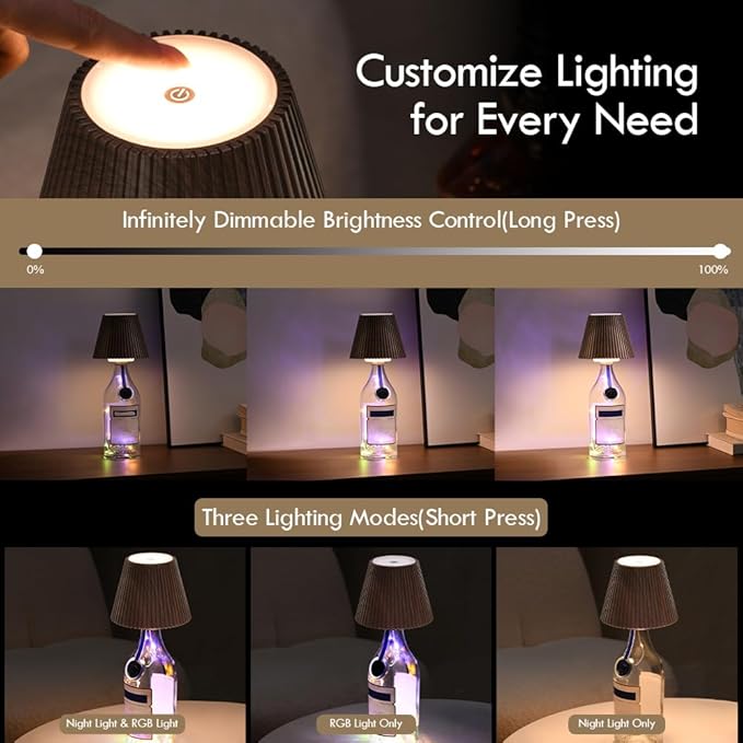 WILIT Wireless Bottle Lamp for Bar Decor, 3-Level Brightness Lampshades for Table Lamps, RGB Bottle Light for Bedroom, Table Decor for Living Room, Cute Night Light for Women Gifts
