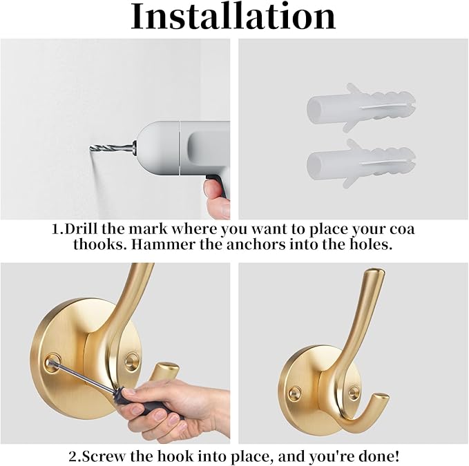 NETLKLA 4 Packs Gold Coat Hooks, Silver Robe Hook, Decorative Towel Hooks, Heavy Duty Double Prong Wall Hooks, Metal Closet Hooks, Hat Hooks for Hanging for Bathroom, Kitchen and Office