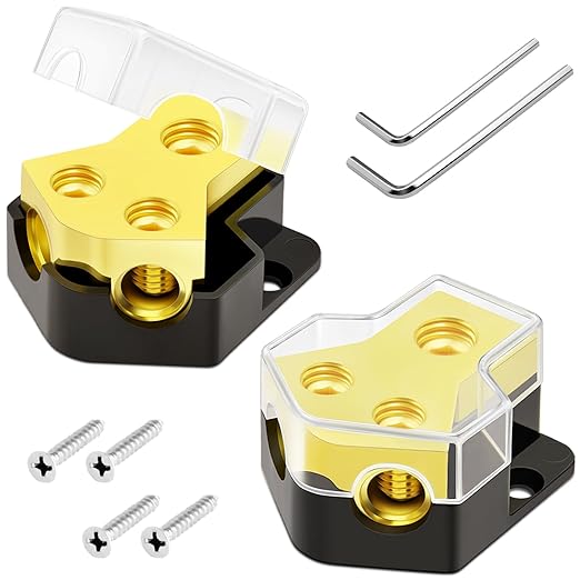 Bolipoeq 12V Power Distribution Block Car Audio 2 Way 0/2/4 Gauge in 4/6/8 Gauge Out, Quality Ground Distribution Block 12 Volt Amp Distribution Block Splitter for Automotive Car Marine Boat (2 Pack)