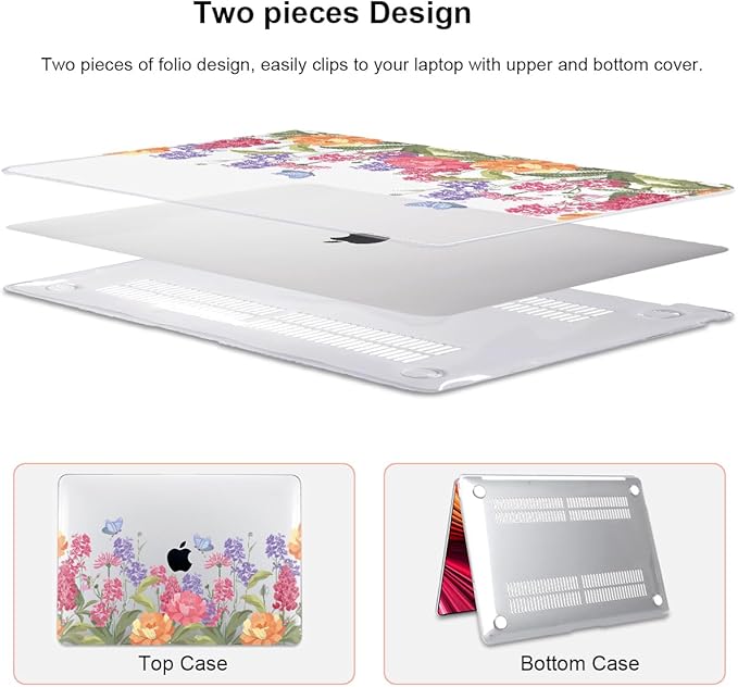LCMOCICO for MacBook Air 13 inch M1 Case 2021 2020 2019 2018 (Model M1 A2337 A2179 A1932) with Touch ID & Retina Display, Printed Pattern Hard Shell Case Keyboard Cover, Pink & Purple Flowers