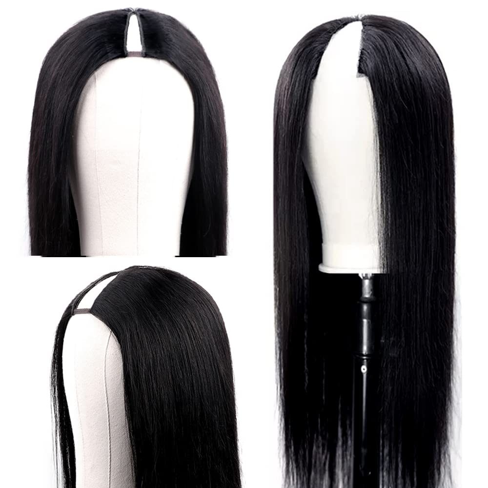 180% Density V Part Wig Human Hair with Drawstring Straight Brazilian Virgin Glueless Wig Human Hair for Black Women Upgrade U Part Wigs Full Head Clip In Half Wig No Leave Out Natural Color 8 Inch