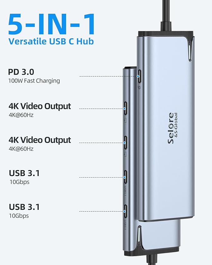 USB-C Splitter with 4K@60Hz Video USB-C Hub Dual Monitor with DP Alt Mode