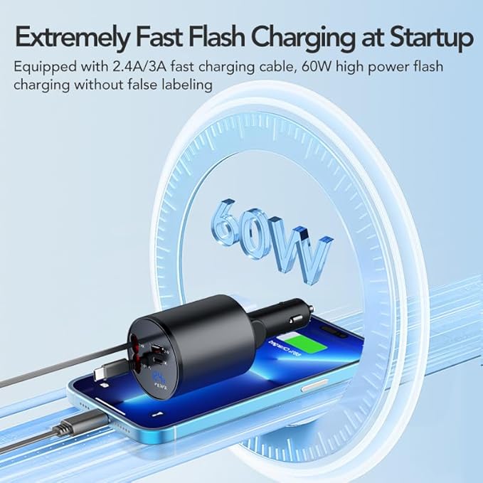 Retractable Car Charger,5 in 1 PD Car Phone Charger with Bluetooth 5.3 FM Transmitter,Handsfree Call and MP3 Player,2 Retractable Cables and USB Charging Adapter for Cars Phone,Galaxy,Pixel(Black)