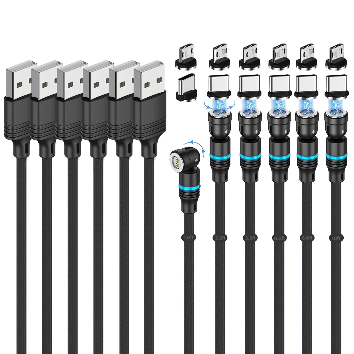 Losuesme Magnetic Charging Cable (6-Pack,1.6+3.3+3.3+6.6+6.6+10ft) 540° Rotation Magnet Phone Charger USB C Cable 3A Fast Charging Magnetic Charger Cable with LED Light for Micro USB Type C Device