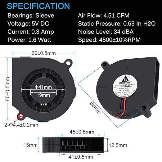 GDSTIME USB Blower Fan Small 60mm x 15mm, Quiet 3 Speeds, Adjustable Mini 5V Brushless DC Cooling Fans for Helmet Laptop 3D Printer Ventilaiton