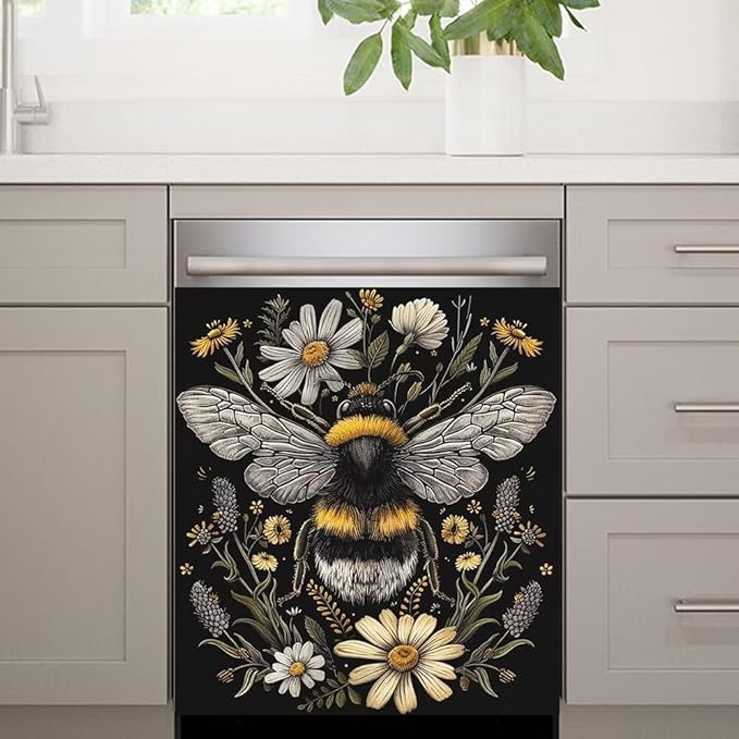 Flower and Bee Pattern Dishwasher Magnet Cover Sticekr,Refrigerator Magnet Cover Decal Fridge Microwave Stickers Kitchen Decor,23W x 26H inchs