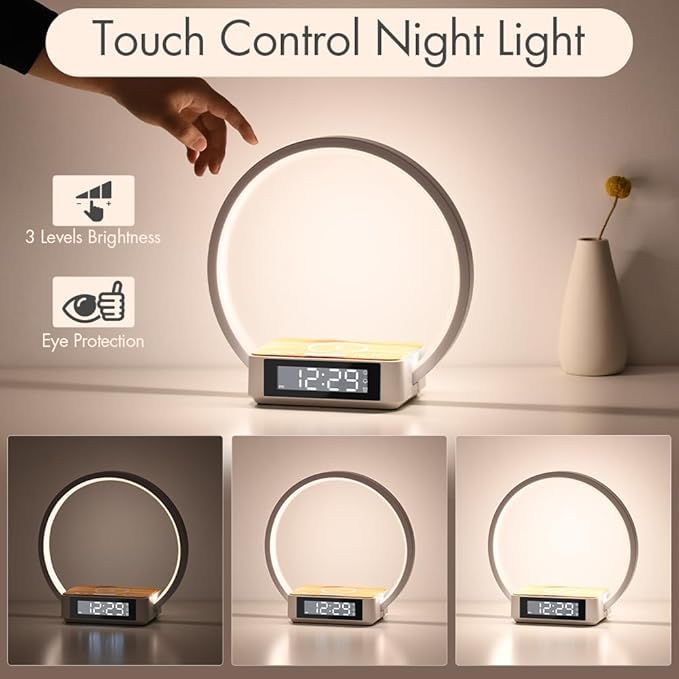 SMARTERIOR Wireless Charging Station with Alarm Clock,Bedside Lamp with Sunrise Wake-Up Light,Wireless Phone Charger,Touch Table Lamp with 3 Brightness Levels,Idea Gifts for Women,Men,Teens,Adults
