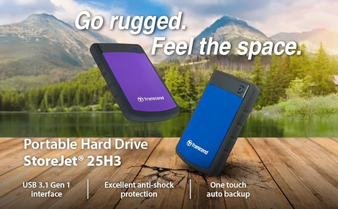 Transcend StoreJet 1TB External Hard Drive, for PS4/PC/Mac/Desktop/Laptop/Xbox, USB3.1(5Gbps)Type-A Portable HDD, One Touch Auto-Backup/Shock Resistant/Three-stage shock protection system(TS1TSJ25H3B)
