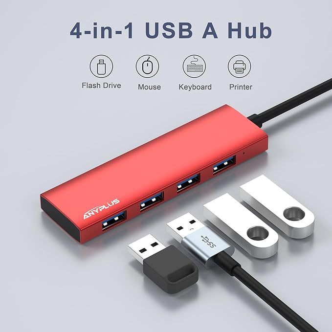 ANYPLUS USB Hub, USB 3.0 Hub Aluminum Alloy Ultra Slim USB Splitter, Portable 4 Port USB Extender, USB Hub for Laptop, PC, MacBook, iMac, Surface Pro, Mac Pro, Flash Drive, XPS 【Red】