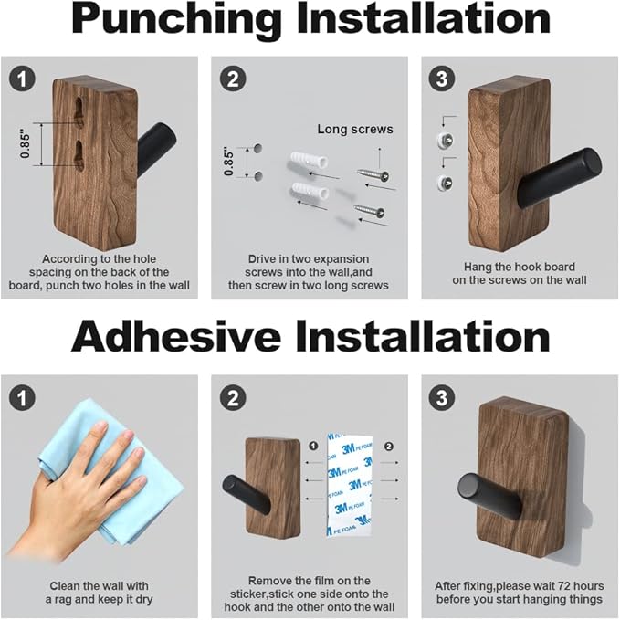 IURRDOP 4 PCS Black Walnut Wood Wall Hooks, Adhesive Mounted & Wall Mounted Rustic Decorative Entryway Hooks, Mid Century Modern Natural Wooden Pegs for Hanging Coat Clothes Hat Bag Purse and Towel