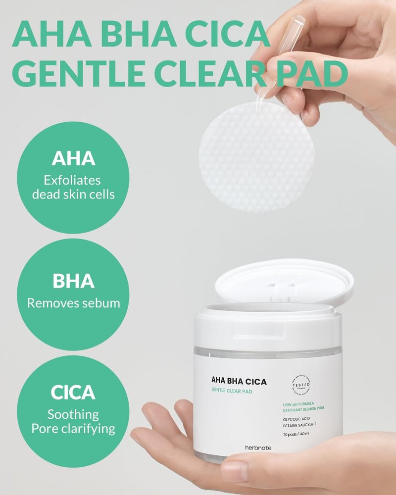 HERBNOTE AHA BHA Cica Gentle Clear Pad - Facial Exfoliating Pad for Dead Skin Cell Care, pH Balancing & Sebum Control, Tighten Large Pores, Calm Sensitive Skin, & Moisturize Dry, Flaky Skin, 70 Sheets