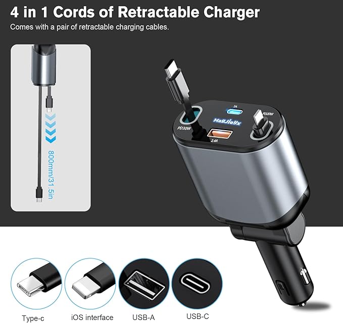 MAGJIEYX 4 in 1 Retractable Car Charger, USB C Fast Charging Adapter[Max80W] with USB-i Cable&Dual Charge Port Compatible with iPhone 17/16/15/14/13/12 Pro Max Plus/iPad/AirPods,Galaxy,Google