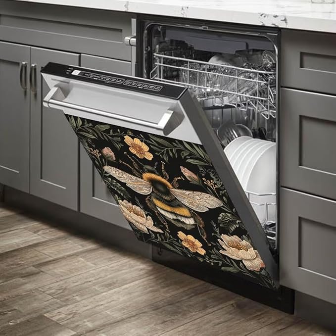 Flower and Bee Wallpaper Dishwasher Magnetic Cover Sticker Magnetic Refrigerator Full Door Cover Sticker Kitchen Decor Panel Decal 23W x 26H inchs