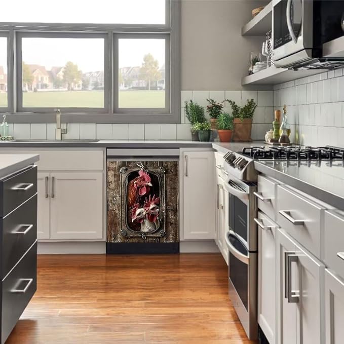 Wood Board and Rooster Wallpaper Dishwasher Magnet Cover,Fridge,Refrigerator Magnetic Panel Decals,Home Appliances Cabinet Magnets Sticker 23W x 17H inchs