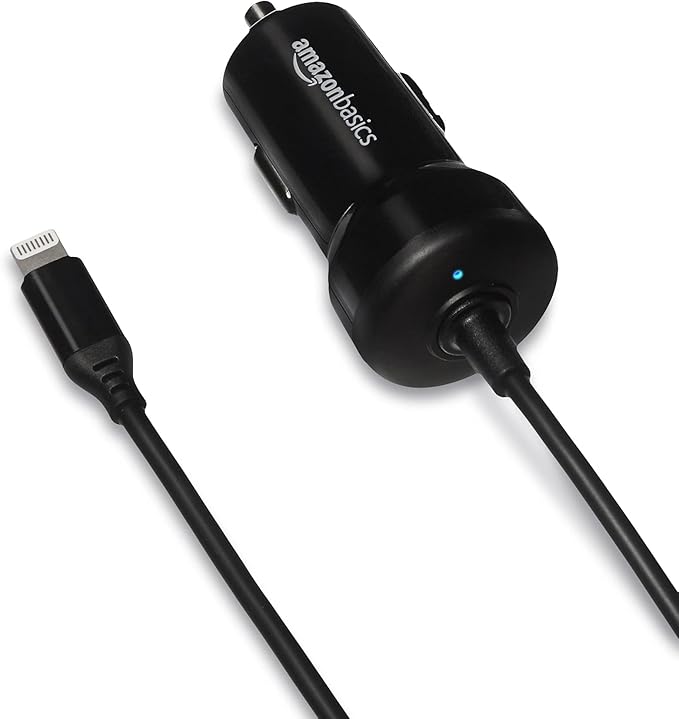 Amazon Basics MFi Certified 12W (5V, 2.4A) Car Charger with Lightning Cable for iPhone and Apple Devices, 3 ft, Black