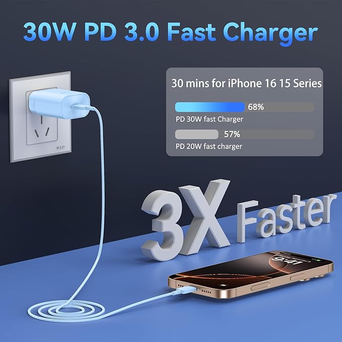 Phone 17 16 15 Charger Fast Charging,30W USB C Phones 17 16 15 Pro Max Charger Block &6.6FT Long Type C Cable Cord for i.Phone 17/17 Air/17Pro/17 Pro Max/16/16 Plus/16 Pro/16Pro Max/15/15 Pro Max,Blue