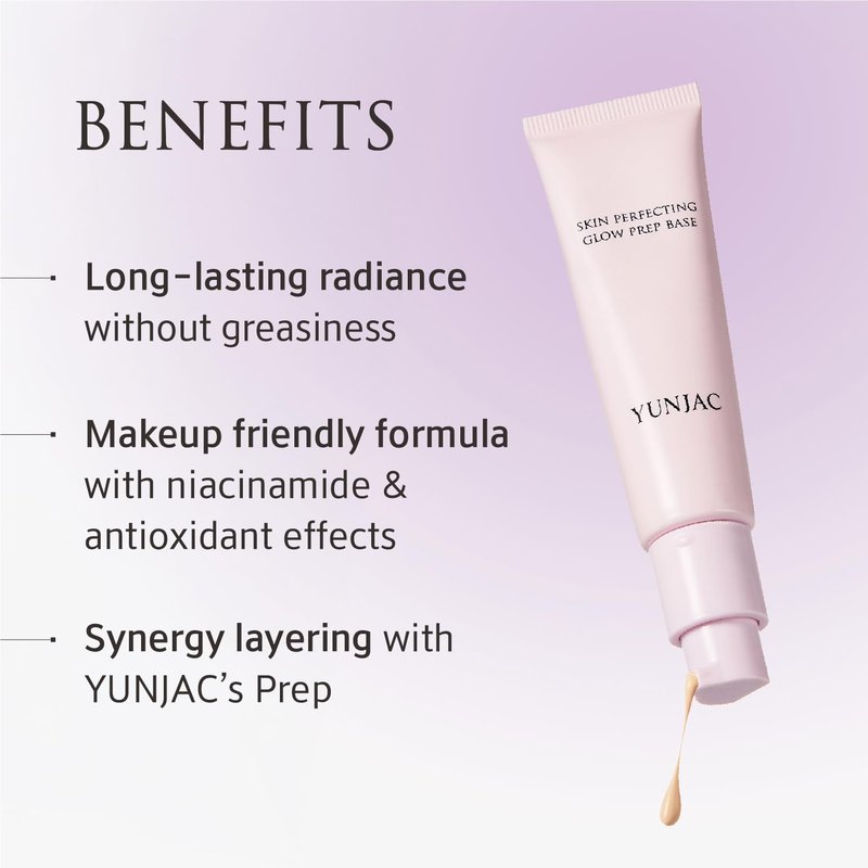 YUNJAC Skin Perfecting Glow Prep Base (1.01 fl oz) – Lightweight Primer with Niacinamide, Vitamin E & Fermented Green Tea, Silicone-Free Formula for Smooth, Radiant, and Long-Lasting Skin Finish