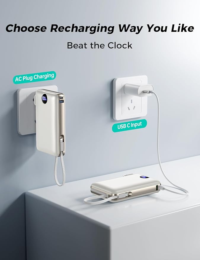 Portable Charger with Built-in Cables & Wall Plug, 50000mAh Power Bank, 4 Outputs 22.5W USB C Fast Charging, Mini Travel Essentials Battery Pack with LED Display for iPhone/iPad/Samsung etc Cheese