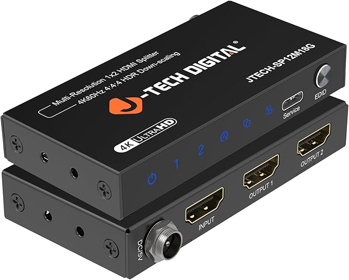 J-Tech Digital HDMI Splitter 1 in 2 Out 4K 60Hz 18Gbps – 1x2 HDMI 2.0 Hub for Multiple Monitors Duplicate/Mirror Screen, Premium Ultra HD [JTD4KSP0102]