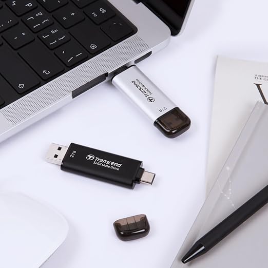 Transcend ESD310 2TB External SSD, Up to 1,050MB/s, Dual USB Drive for iPhone17,16,15, iPad&Mac/Pixel10/Tesla/Steam Deck/ROG Ally/MSI Claw/Android/PS5, 2-in-1 TypeC &A, USB3.2Gen2 Portable SSD-Silver