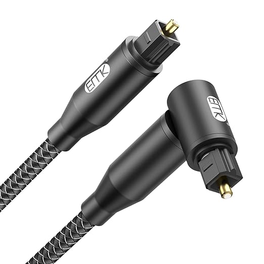 EMK 90 Degree Right Angle Optical Audio Cable [30ft/10M] - 360° Rotatable Digital Toslink SPDIF Cable for Soundbar to TV, Home Theater - Black Fiber Optic Cable with Angled Connector
