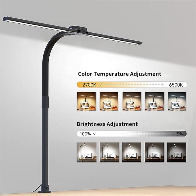 CRLIVOING Full Spectrum LED Desk Lamp, Sun Lamp 15W Eye-Caring Table Light with CRI≥95, Flicker-Free, Low Blue Light, 2700K-6500K, Stepless Dimming, 360° Arm, Clamp Base for Office & Study