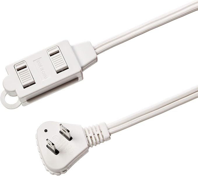 Amazon Basics 6-Foot 2-Prong Indoor Extension Cord Power Strip with Flat Plug, Space-Saving Design, 13 Amps, 1625 Watts, 125 VAC, White, 2-Pack