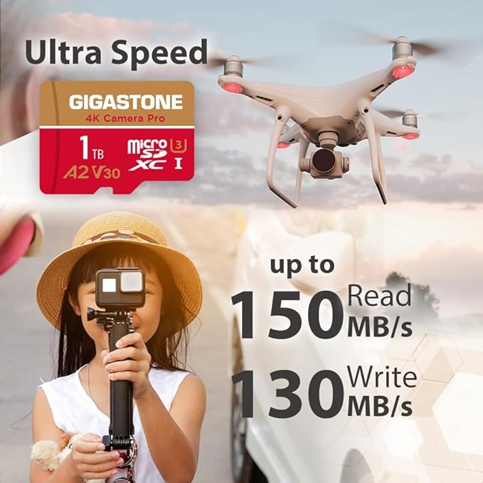 【5-Years Data Recovery】 GIGASTONE 1TB Micro SD Card 4-Pack, 4K Camera Pro, R/W up to 150/130 MB/s, 4K Video Recording for GoPro, DJI, Drone, MicroSDXC Memory Card UHS-I U3 A2 V30, with Adapter