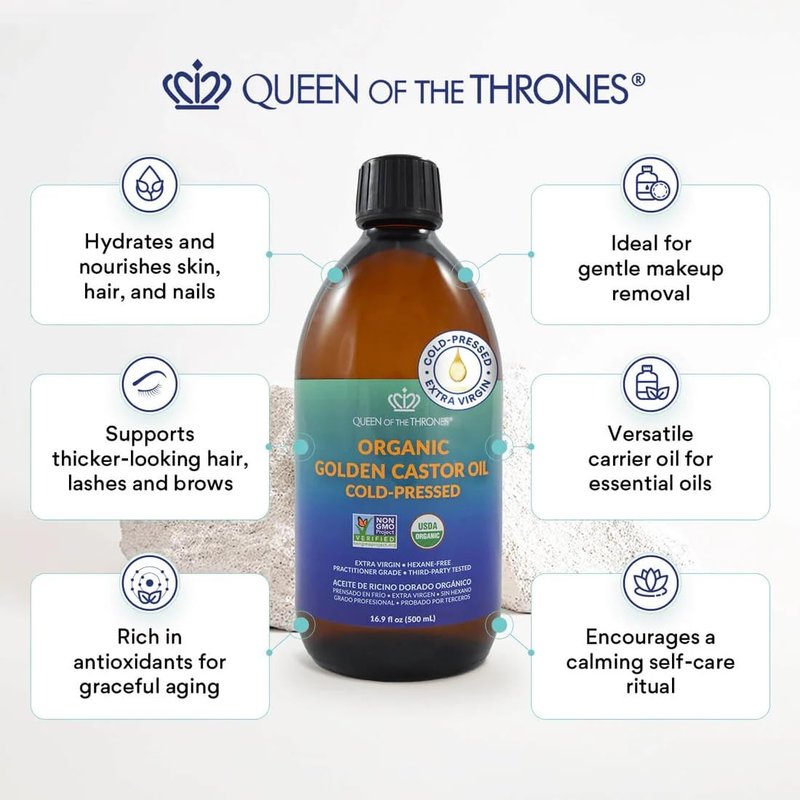 Organic Golden Castor Oil - 100% Pure & Hexane-Free for Hair, Skin, Nails | 16.9oz (500ml)