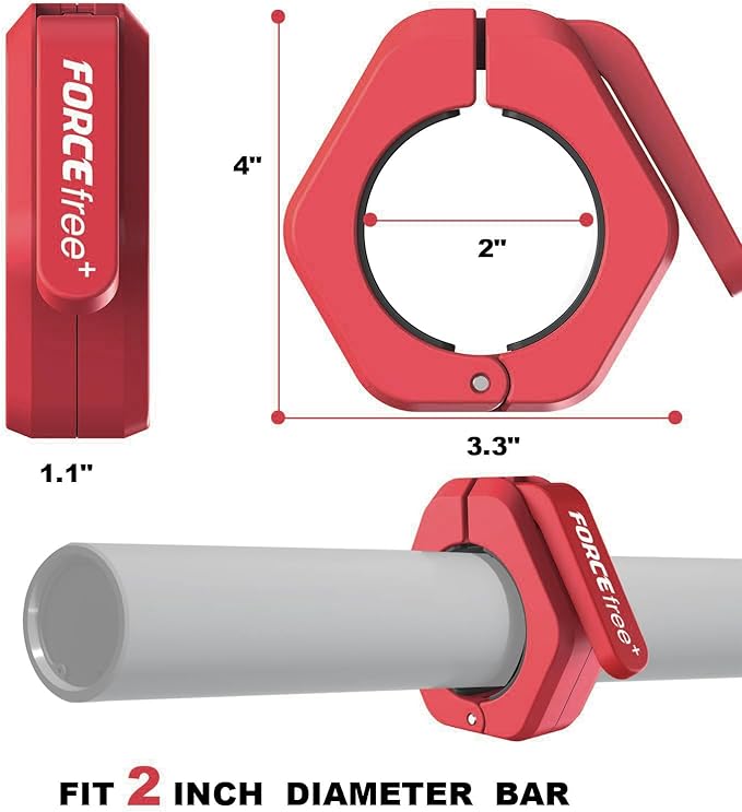 Forcefree+ Barbell Clips (Pair), Barbell Clamps, Quick Release Olympic Barbell Clamps with Anti Slip TPR Grip, Barbell Collars for Secure Weightlifting & Powerlifting (Magnetic, Red)