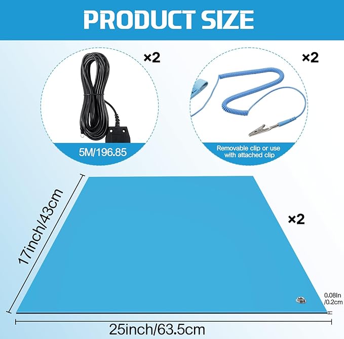 Relaxweex Anti-Static Mat Kits Includes Heat Resistant ESD Mats Anti Static Wrist Straps Grounding Cords Rubber Soldering Table ESD Pad for Computer PC Building Electronics Repair(2 Pack,17 x 25 in)