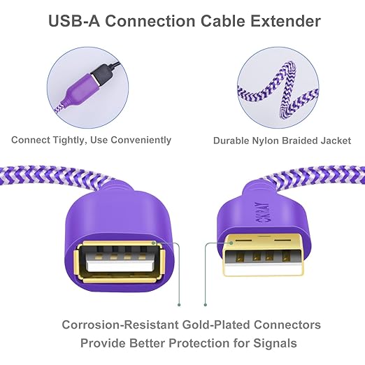 USB Extender Cord, OKRAY 2-Pack 6FT USB 2.0 Extension Cable Type A Male to A Female Data Transfer USB-A Extender Durable Nylon Braided Cable for Printer, USB Flash Drive/Game Controller (Purple Green)