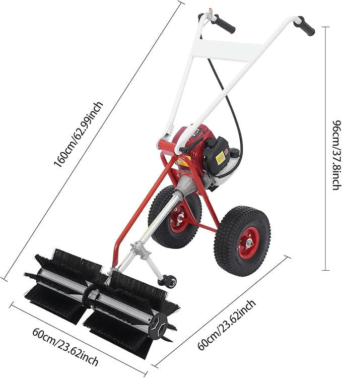 4 Stroke Gas Powered Hand Push Sweeper Strong Power Lawn Sweeper Machine with 23.62" Long High-Density Brush, Broom Walk Behind Driveway Turf Lawns Cleaning Driveway Tools