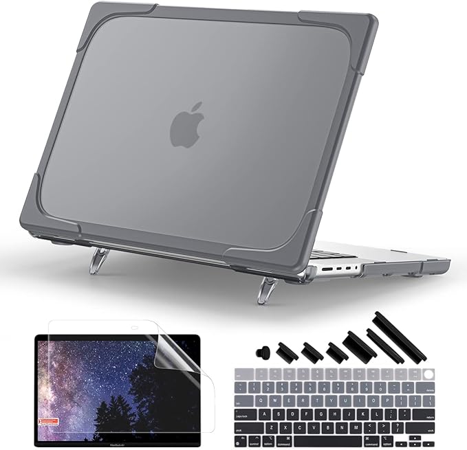 Batianda Heavy Duty Case for New MacBook Pro 16 inch 2026 M5 2024 M4 2023 M3 2021 M2 Pro Max Chip- Ergonomic Foldable Kickstand (Holds 22lbs/Zero Wobble) Matte Translucent Rugged Armor Cover, Gray